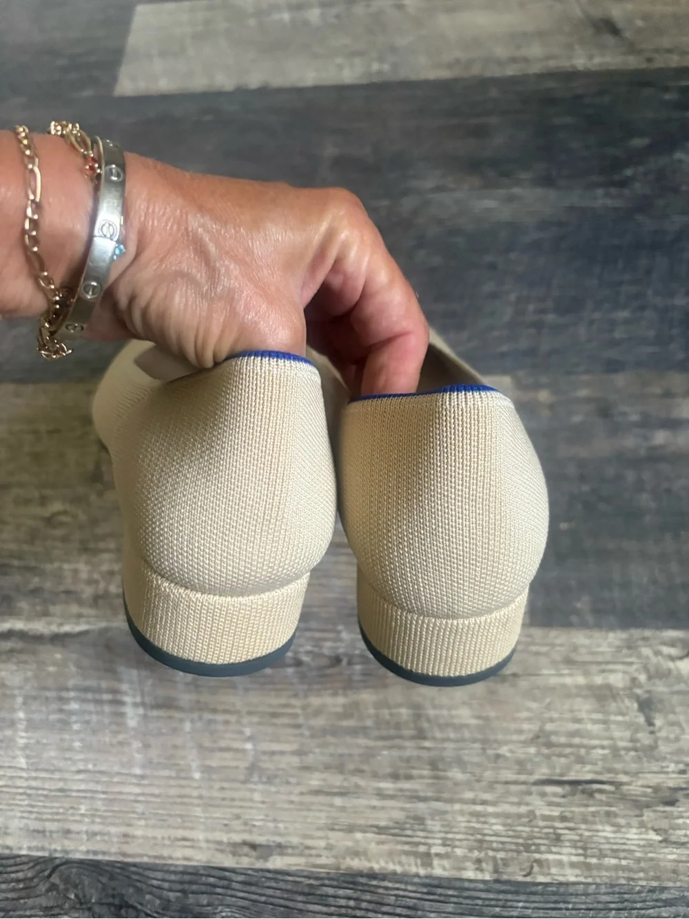 Rothy's Beige Pointed V-Cut Flats with Blue Trim